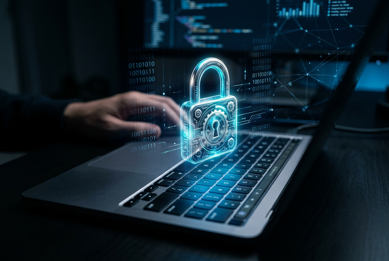 Abstract digital security concept with a padlock and data streams representing safe online gambling.