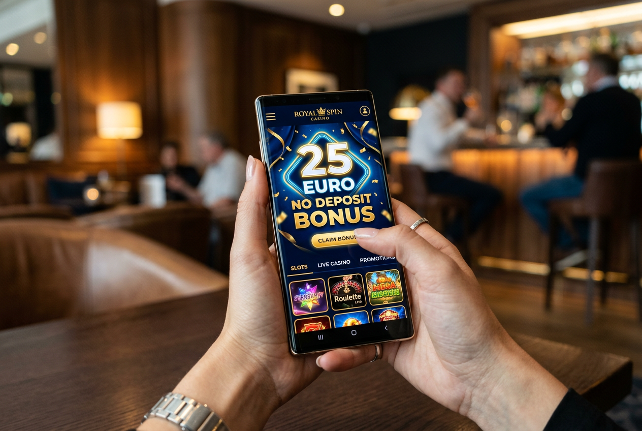 Smartphone displaying a modern online casino app with a 25 euro bonus notification.
