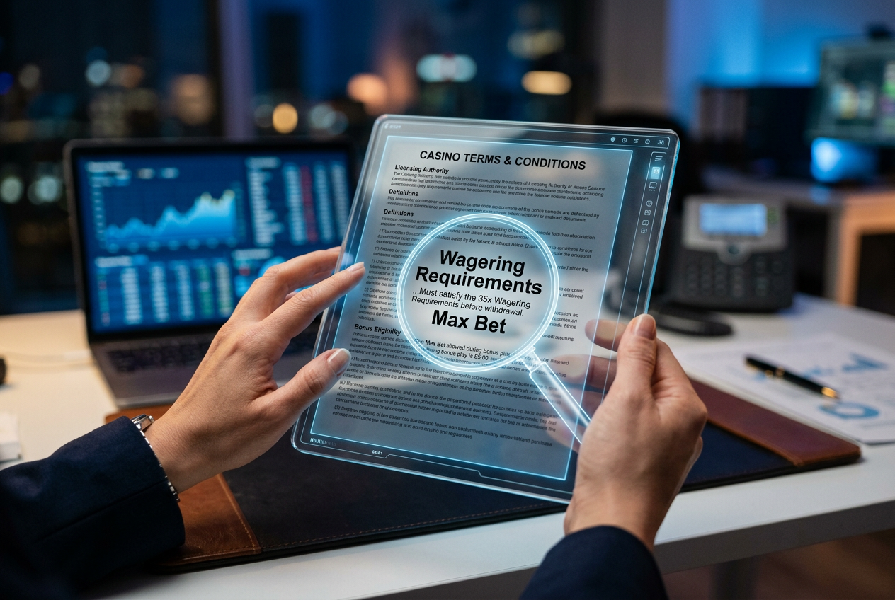 Expert checking casino terms and conditions with a magnifying glass